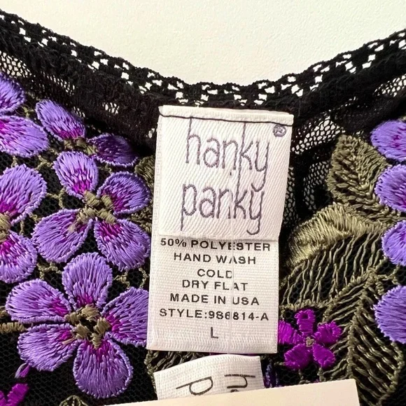 NEW Hanky Panky Babydoll & Thong Set, Black/Lavender Floral Embroidery, Size L - Picture 5 of 10